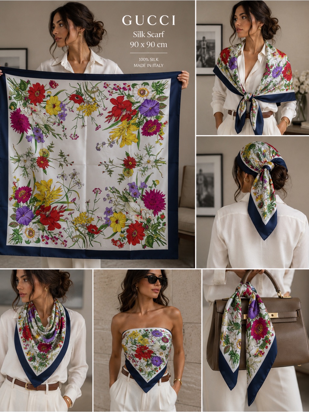 Gucci Floral Silk Scarf Navy Border Italy 100 Silk Vintage 34 Scarf